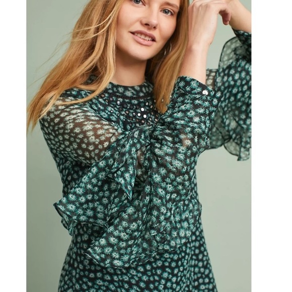 Anthro Ranna Gill Floral Mirror Sequin Flutter Ruffle Sleeve Tunic Mini Dress XS - Picture 2 of 16